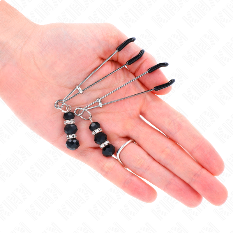 KINK - MORSETTI PER CAPEZZOLI SOTTILI  CON 3 PERLINE DI VETRO NERO 7 CM