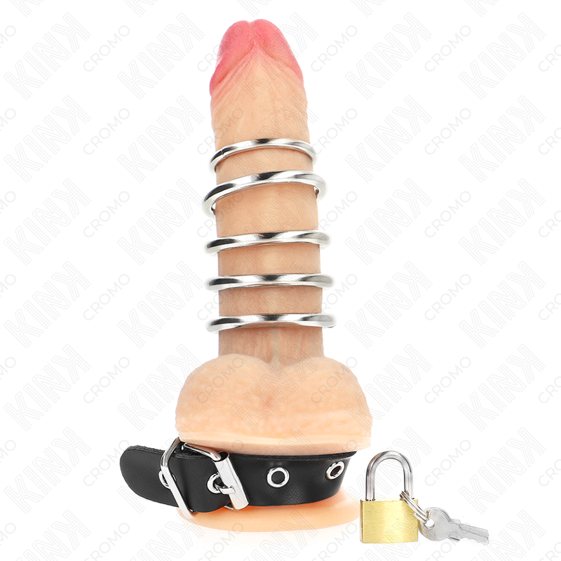 KINK - ANELLO PENE IN PELLE CON CINGHIA 21 X 2 CM E 5 ANELLI IN METALLO DA 3 CM A 4 CM