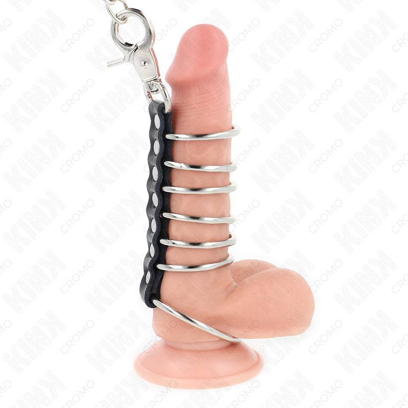 KINK - ANELLI PENE IN METALLO DA 3,8 CM A 5 CM CON CINTURINO IN PELLE E CATENA IN METALLO 100 CM