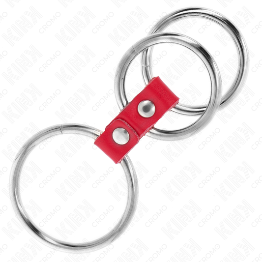 KINK - ANELLO PER PENE IN TRIPLO METALLO DA 3,7 CM A 5 CM CON CINTURINO IN PELLE ROSSA