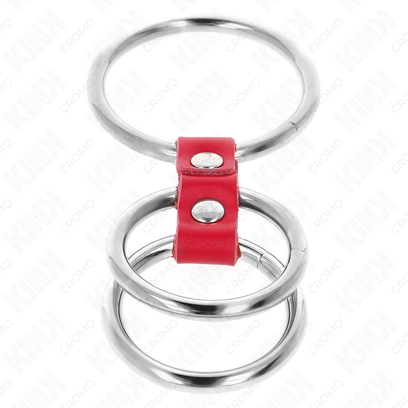 KINK - ANELLO PER PENE IN TRIPLO METALLO DA 3,7 CM A 5 CM CON CINTURINO IN PELLE ROSSA