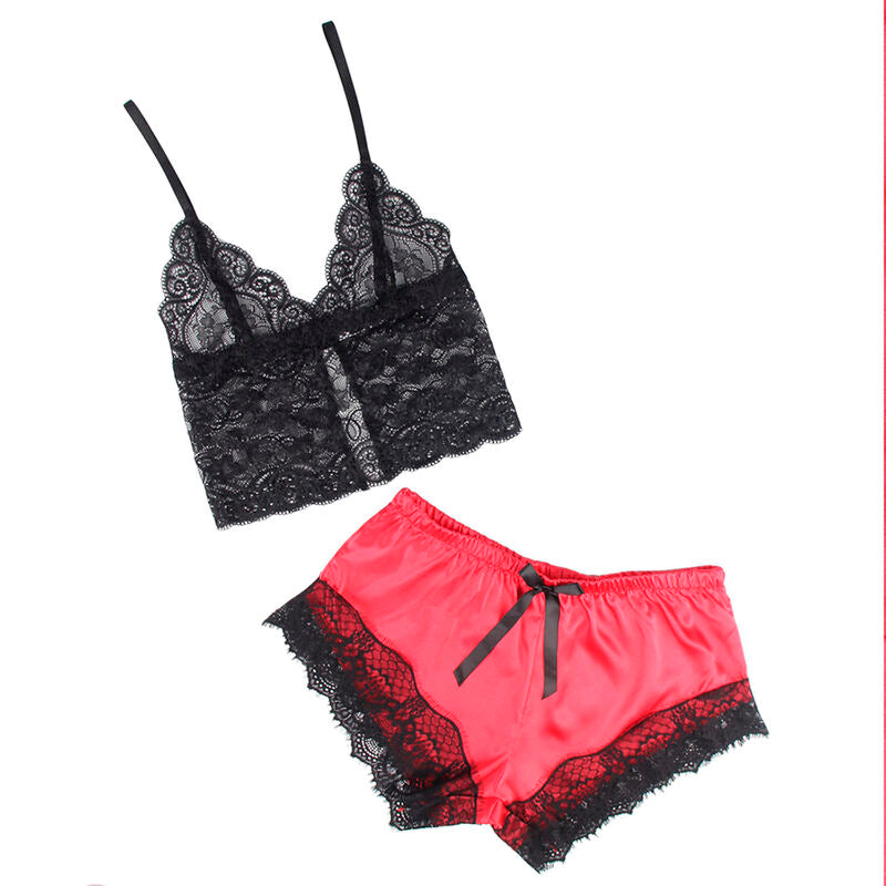 SUBBLIME - TOP CASUAL IN SETA + PANTY IN PIZZO NERO E ROSSO L/XL953966