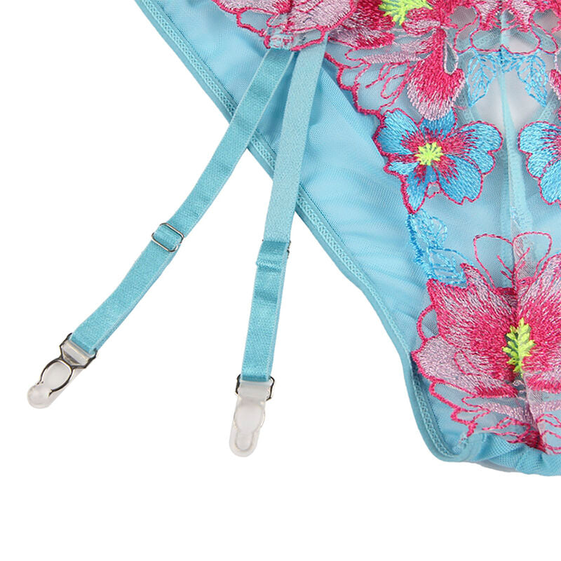 SUBBLIME - 954116 REGGISENO + SLIP CON REGGICALZE DISEGNO FLOREALE BLU L/XL