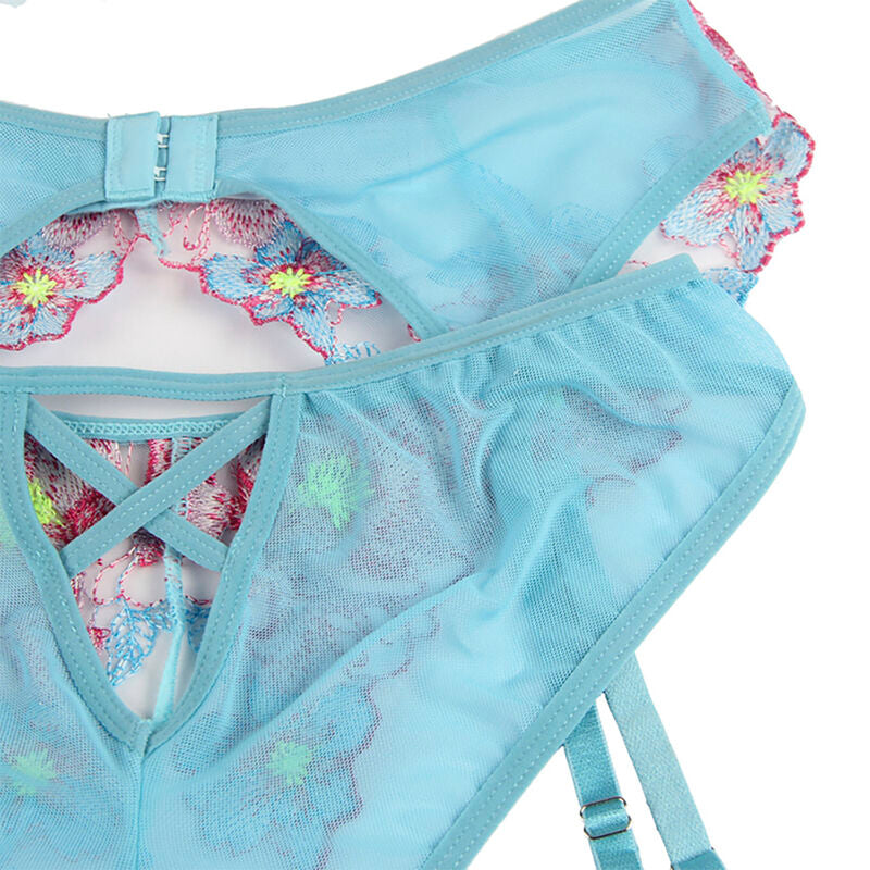 SUBBLIME - 954116 REGGISENO + SLIP CON REGGICALZE DISEGNO FLOREALE BLU L/XL