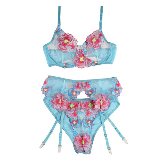 SUBBLIME - 954116 REGGISENO + SLIP CON REGGICALZE DISEGNO FLOREALE BLU L/XL