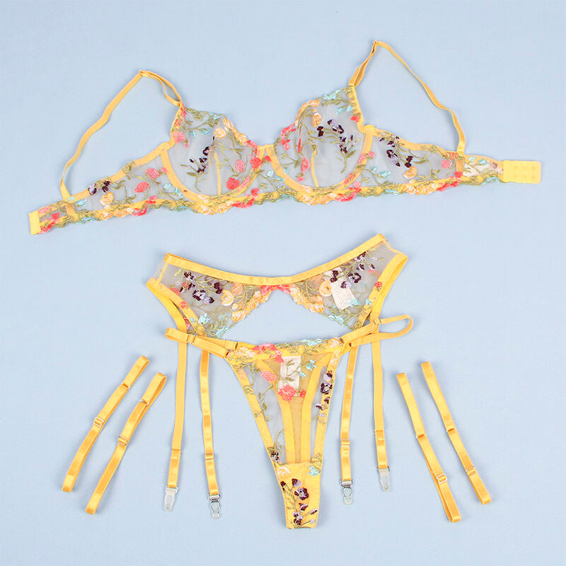 SUBBLIME - REGGISENO + PERIZOMA + REGGICALZE  FLOREALE GIALLO L/XL
