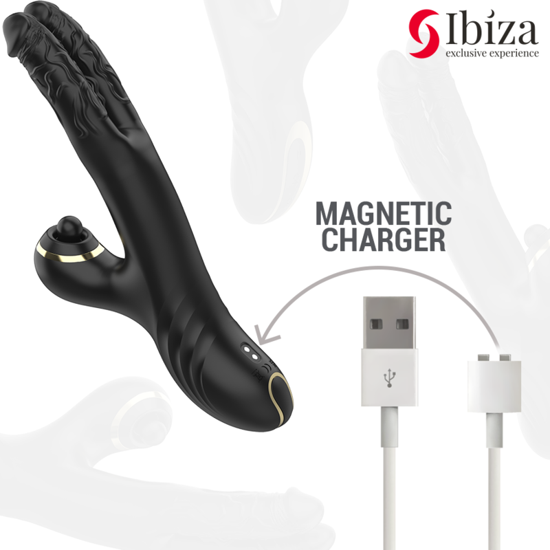 DOPPIO VIBRATORE NERO CON STIMOLATORE CLITORIDEO, DESIGN ERGONOMICO E MOTORE POTENTE