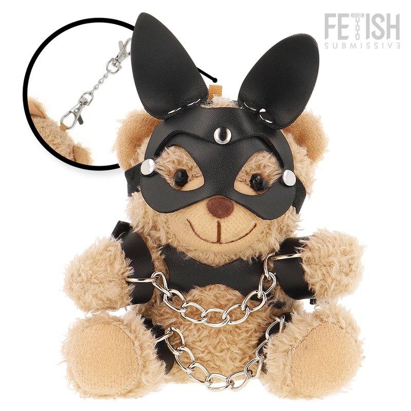 ORSETTO BDSM MISHKA, PELUCHE FETISH CON IMBRACATURE IN PELLE, MASCHERA E CATENE