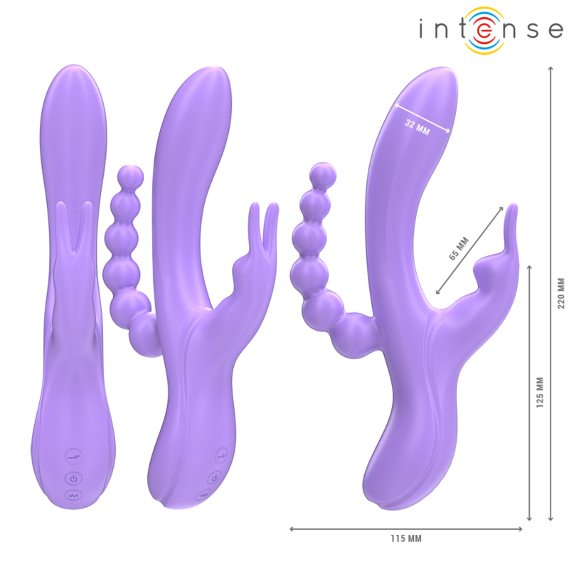 INTENSE - MIKO VIBRATORE TRIPLO CON RABBIT E STIMOLATORE ANALE 7 VIBRAZIONI VIOLA