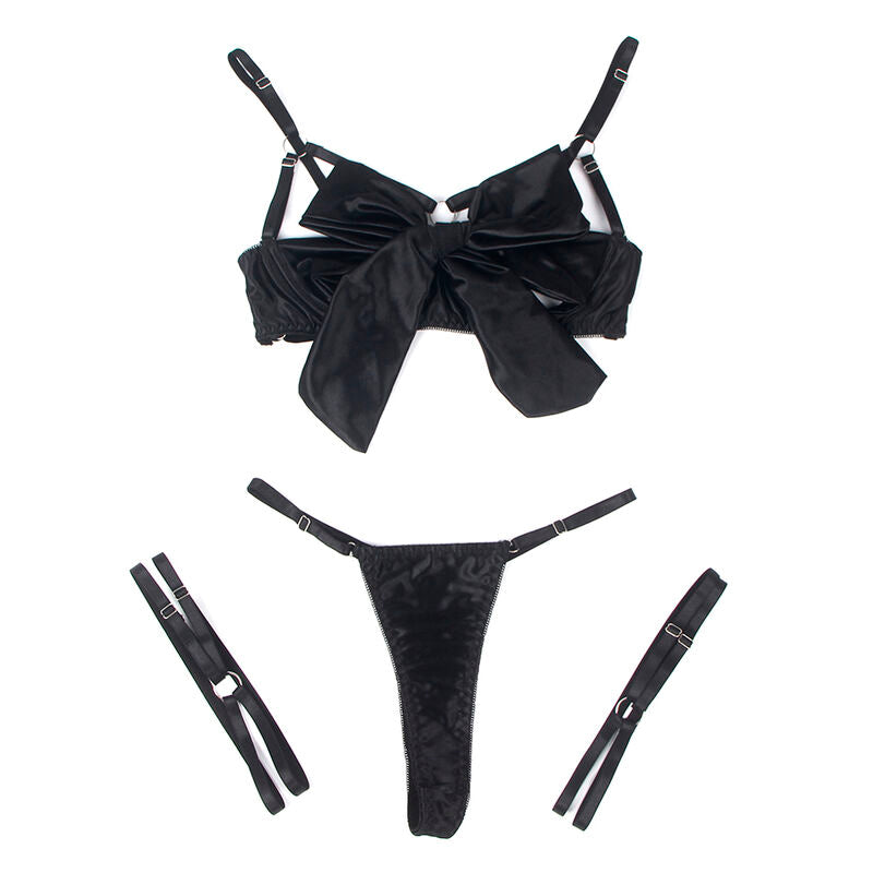 SET REGGISENO CON FIOCCO NERO REGOLABILE, COPPE APERTE, COMPLETO INTIMO ELEGANTE (S/M)