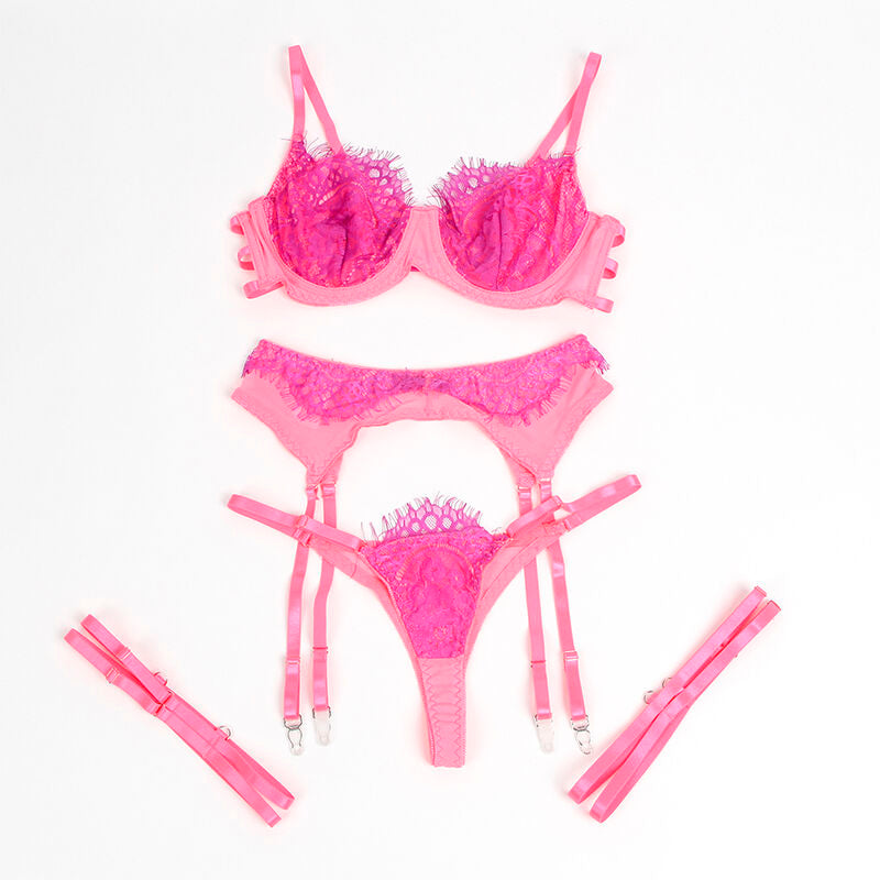 SET REGGISENO CON PIZZO CIGLIA, DESIGN IMPUNTURATO, ROSA E VIOLA (L/XL)