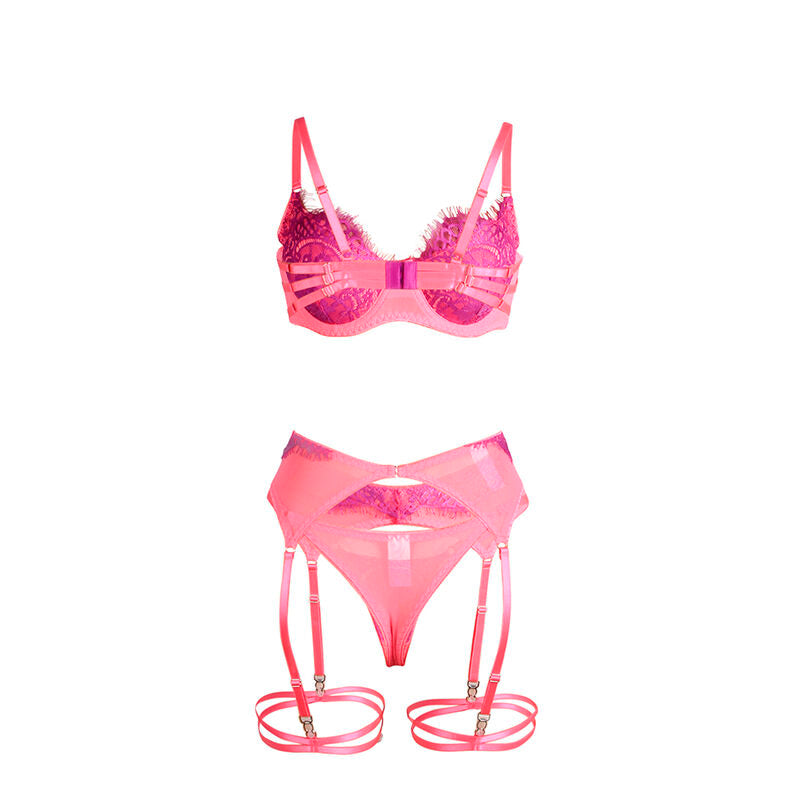 SET REGGISENO CON PIZZO CIGLIA, DESIGN IMPUNTURATO, ROSA E VIOLA (L/XL)