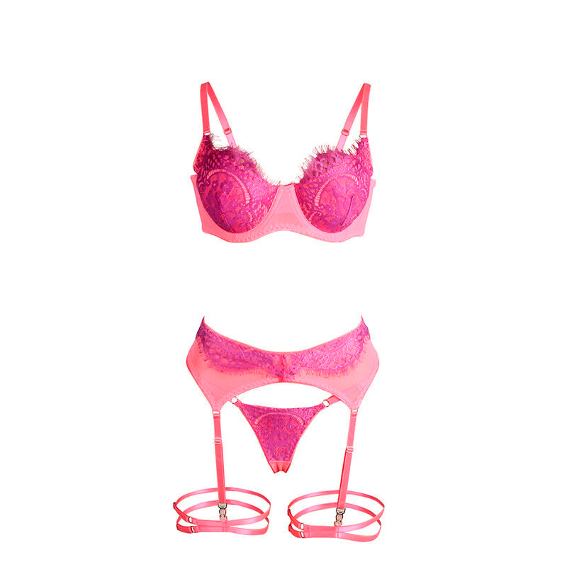SET REGGISENO CON PIZZO CIGLIA, DESIGN IMPUNTURATO, ROSA E VIOLA (L/XL)