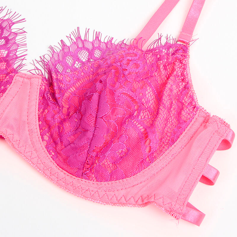 SET REGGISENO CON PIZZO CIGLIA, DESIGN IMPUNTURATO, ROSA E VIOLA (L/XL)