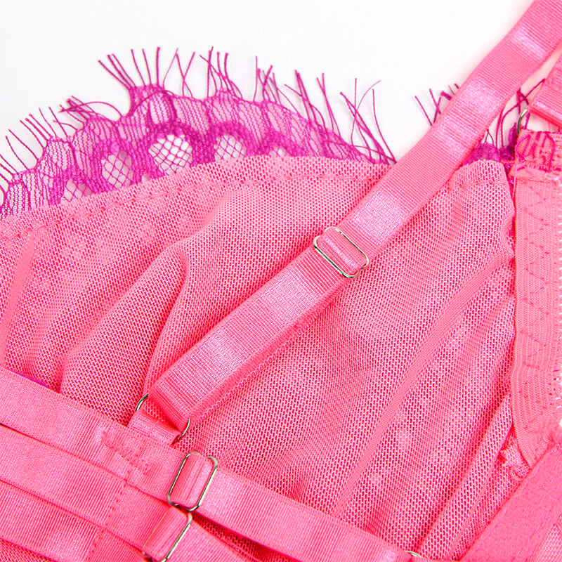 SET REGGISENO CON PIZZO CIGLIA, DESIGN IMPUNTURATO, ROSA E VIOLA (L/XL)
