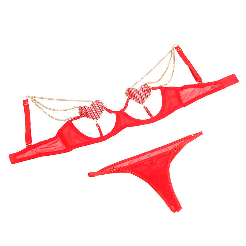 SUBBLIME - SET REGGISENO CON CATENE E CUORE IN RETE ROSSO S/M 955519