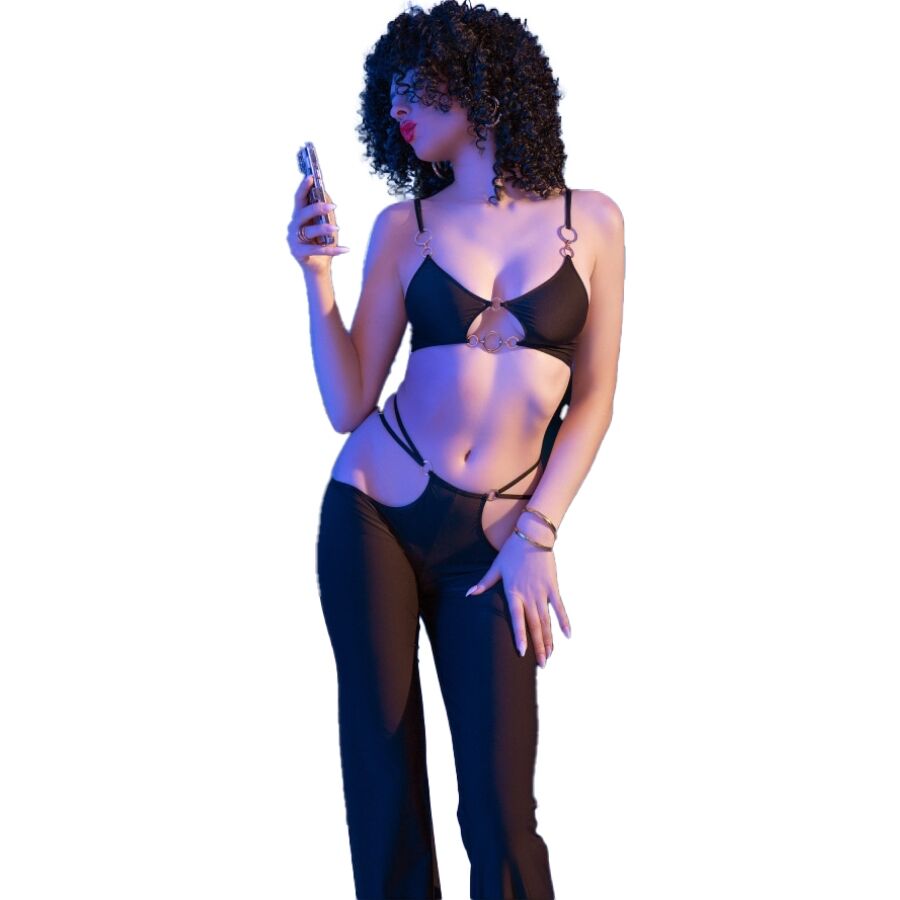 SET 2 PZ TOP E LEGGINGS DONNA NERI CON ACCESSORI ORO CR 4851