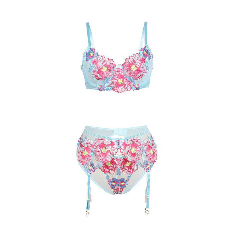 SET REGGISENO + SLIP + REGGICALZE RICAMATI A FIORI, MAGLIA TRASLUCIDA ELEGANTE, SENSUALE E SOFISTICATO