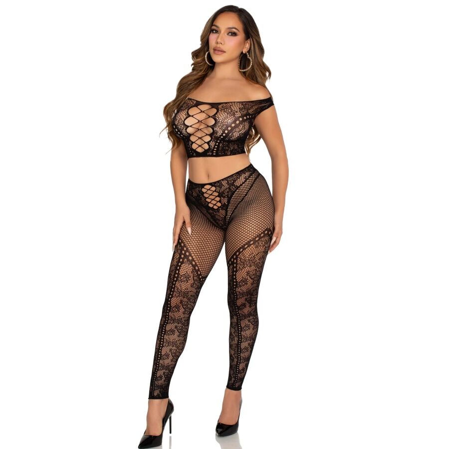 CROP TOP E LEGGINGS A RETE CON SPALLE SCOPERTE, SENSUALE E ELEGANTE, PERFETTO PER OGNI CURVA