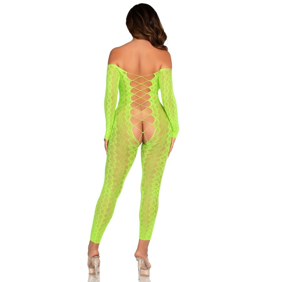 BODYSTOCKING CROTCHLESS IN PIZZO, DESIGN SERPENTE, VERDE NEON
