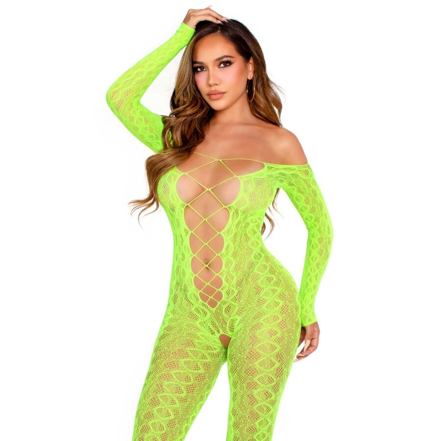BODYSTOCKING CROTCHLESS IN PIZZO, DESIGN SERPENTE, VERDE NEON