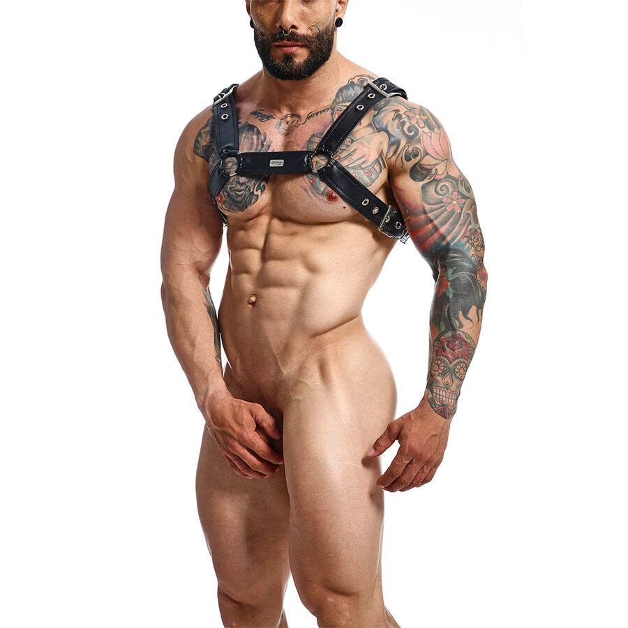 HARNESS PETTO DRITTO CON CATENA, SIMILPELLE NERA, TAGLIA UNICA