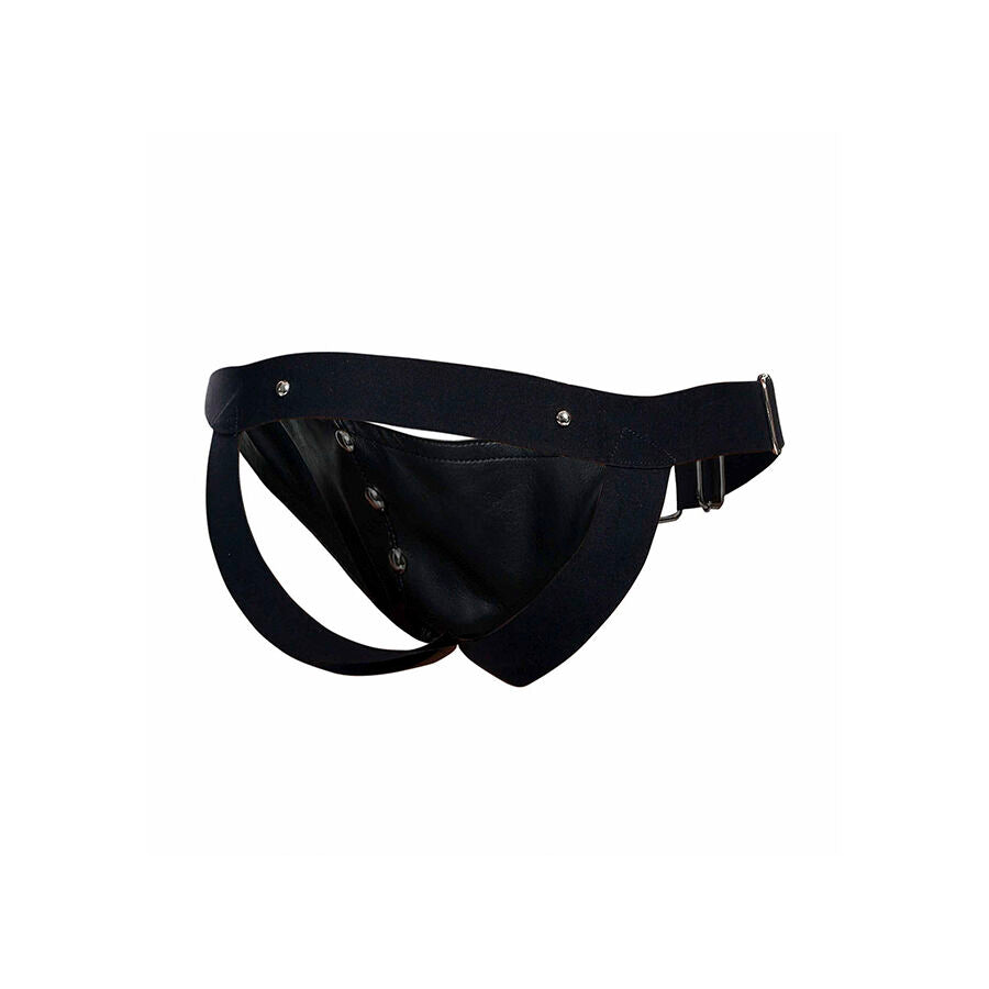 JOCKSTRAP COCKRING IN ECOPELLE, BORCHIE METALLICHE, GLUTEI SCOPERTI
