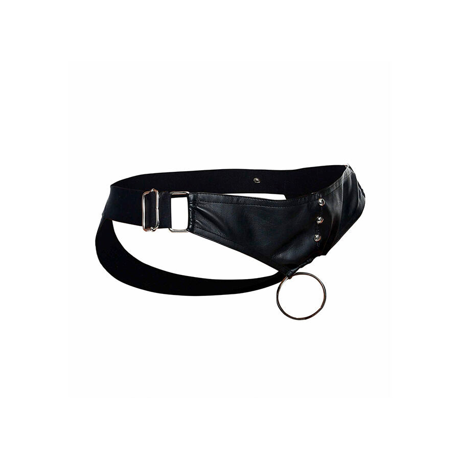 JOCKSTRAP COCKRING IN ECOPELLE, BORCHIE METALLICHE, GLUTEI SCOPERTI