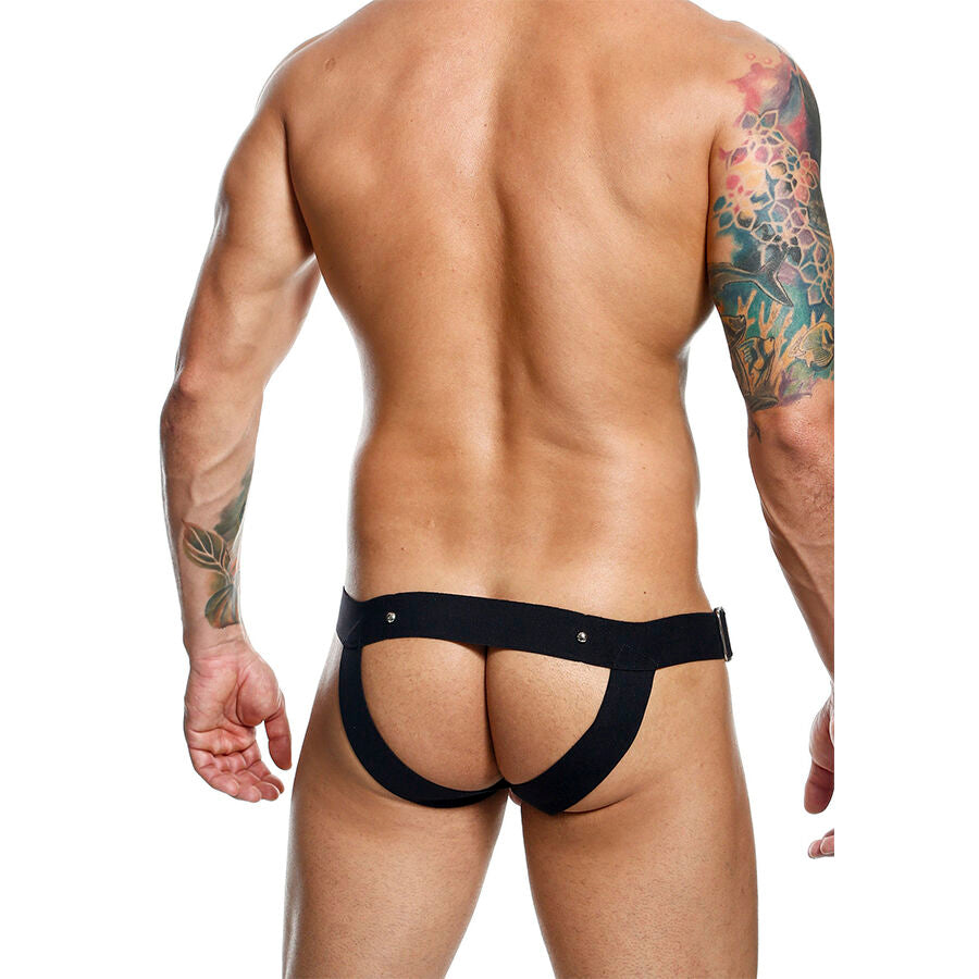 JOCKSTRAP COCKRING IN ECOPELLE, BORCHIE METALLICHE, GLUTEI SCOPERTI