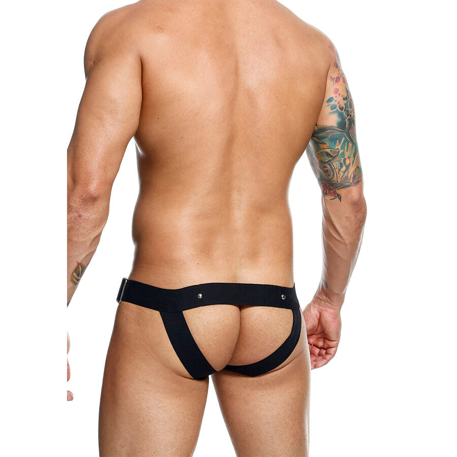 JOCKSTRAP COCKRING IN ECOPELLE, BORCHIE METALLICHE, GLUTEI SCOPERTI