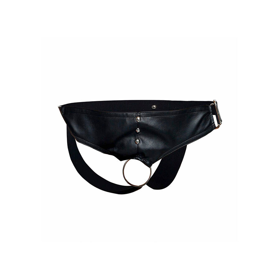 JOCKSTRAP COCKRING IN ECOPELLE, BORCHIE METALLICHE, GLUTEI SCOPERTI