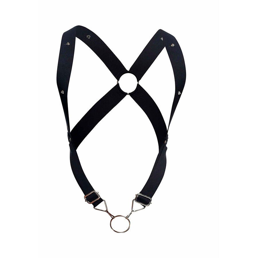 HARNESS ELASTICO CROSS BACK CON ANELLI METALLICI, SUPPORTO TOTALE, DESIGN SEXY
