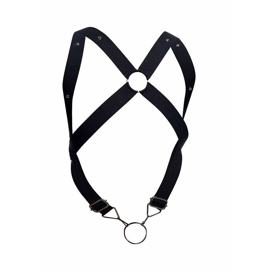 HARNESS ELASTICO CROSS BACK CON ANELLI METALLICI, SUPPORTO TOTALE, DESIGN SEXY