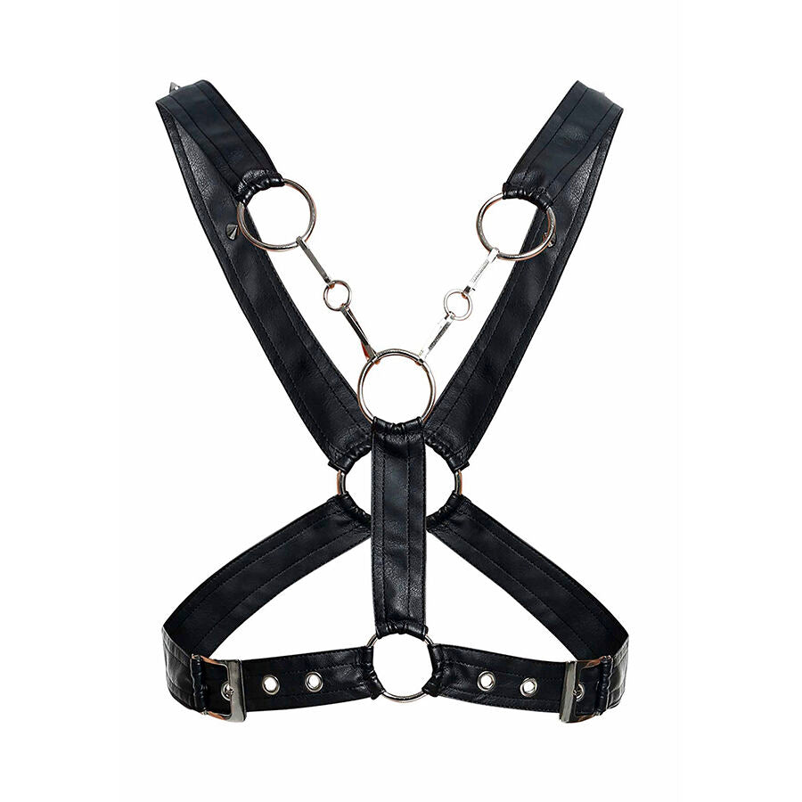 PETTORINA CROSS HARNESS A CATENA, DESIGN ORIGINALE CON ANELLI METALLICI, SIMILPELLE LUSSUOSA