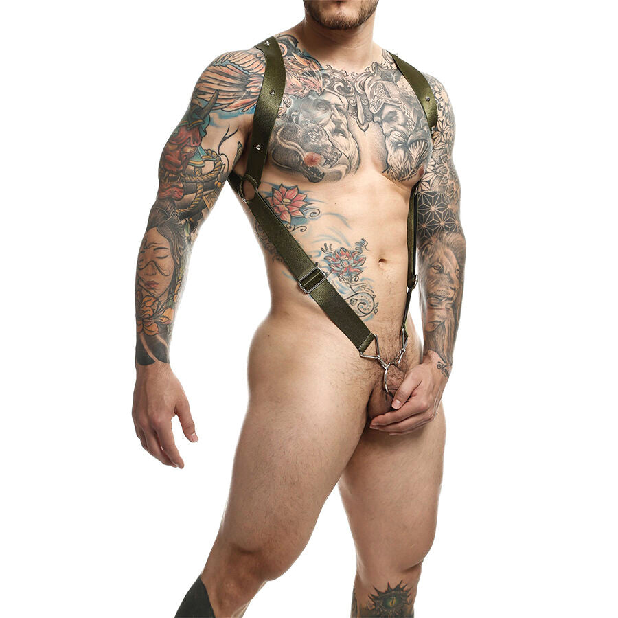 HARNESS DRITTO CON ANELLO PENE, CINGHIE LARGHE DECORATE, REGOLABILE