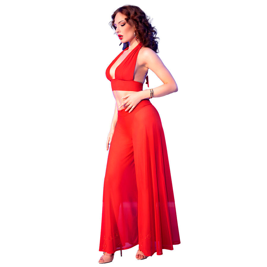 SET 2 PEZZI ROSSO, TESSUTO TRASPARENTE SENSUALE, TOP REGOLABILE E PANTALONI FLUIDI