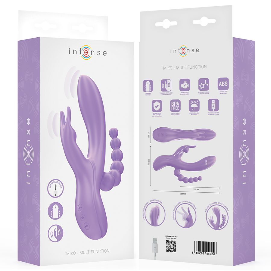 INTENSE - MIKO VIBRATORE TRIPLO CON RABBIT E STIMOLATORE ANALE 7 VIBRAZIONI VIOLA