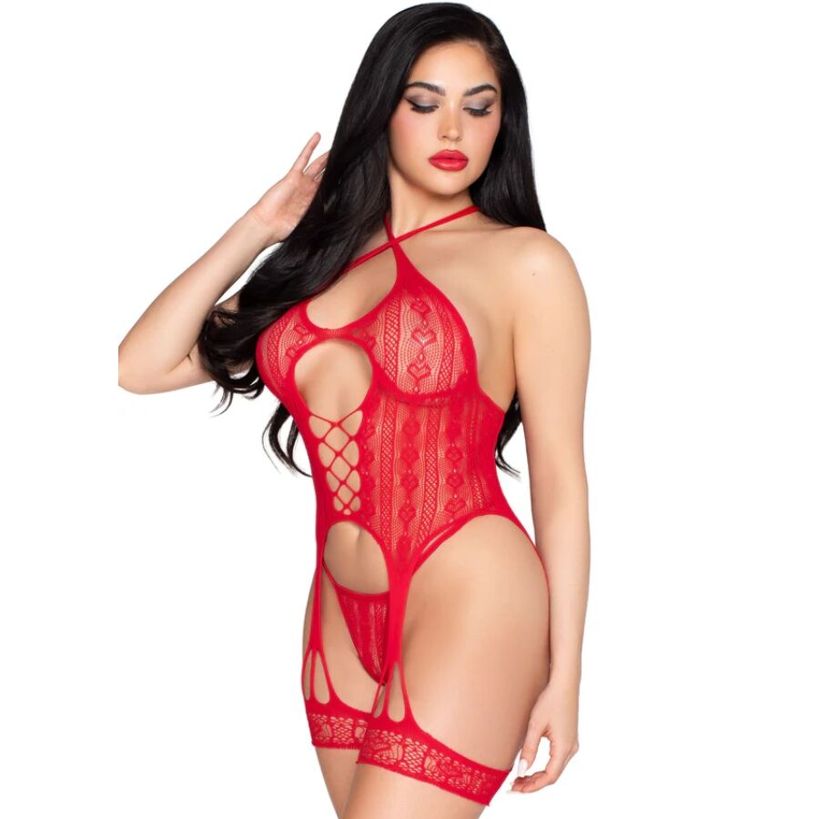 BODY CROTCHLESS IN PIZZO ROSSO, REGGICALZE INTEGRATI, PERIZOMA ABBINATO