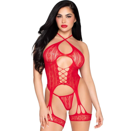 LEG AVENUE - 89338 BODY CROTCHLESS IN PIZZO CON REGGICALZE E PERIZOMA ROSSO T/U