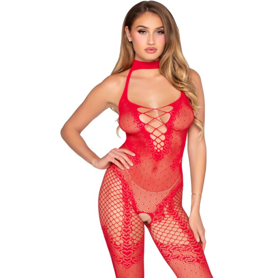 BODYSTOCKING CROTCHLESS, RETE A POIS, DETTAGLI A CUORE