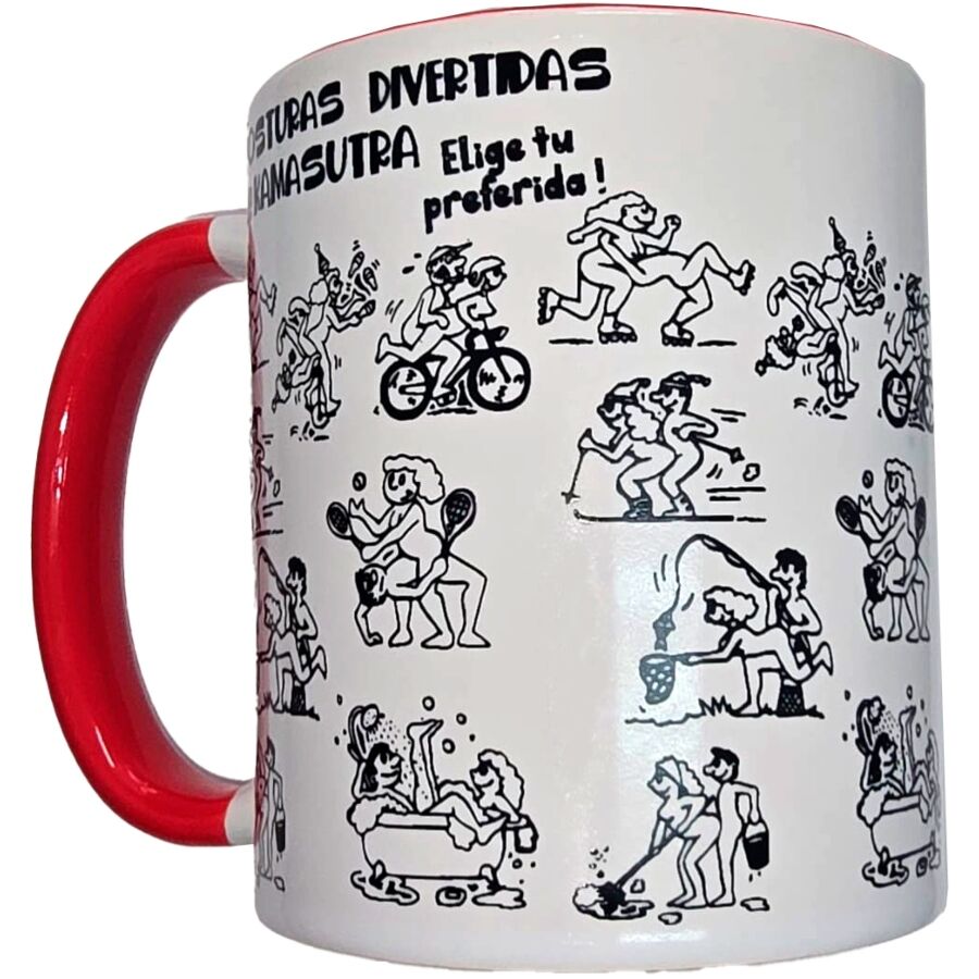 TAZZA KAMASUTRA 370 ML, CERAMICA BIANCA CON DISEGNI EROTICI, MANICO E INTERNO ROSSI