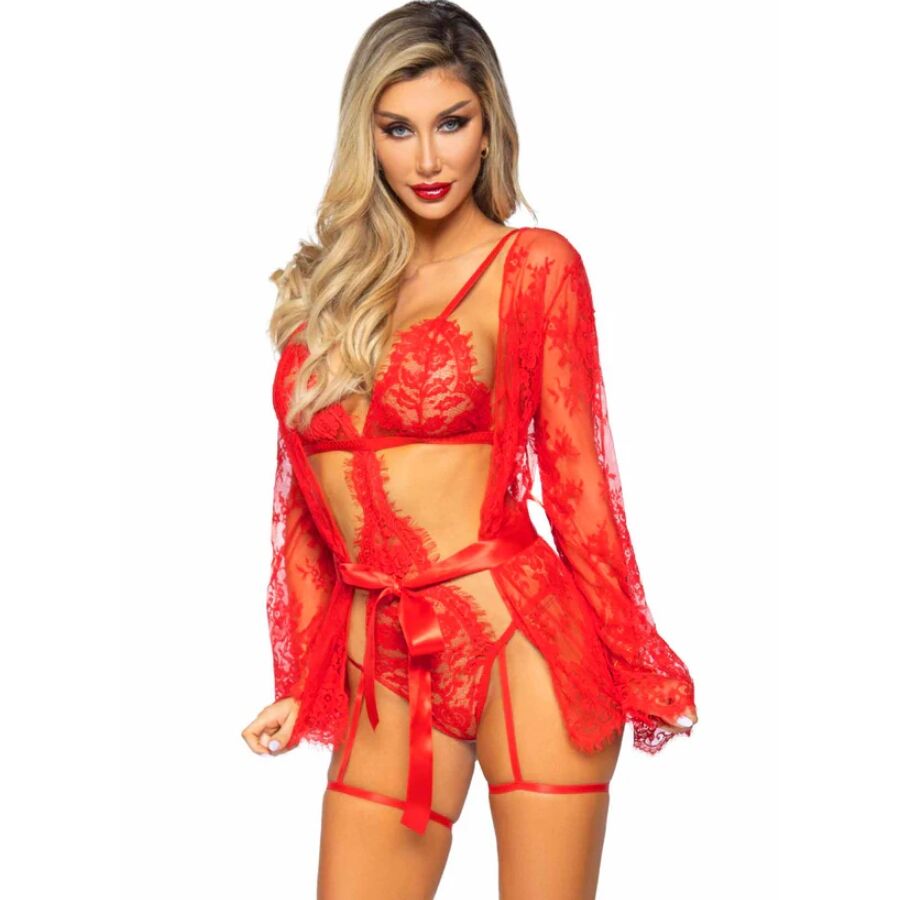 SET LINGERIE ROSSO PASSIONALE, PIZZO ELEGANTE, VESTAGLIA FLUIDA