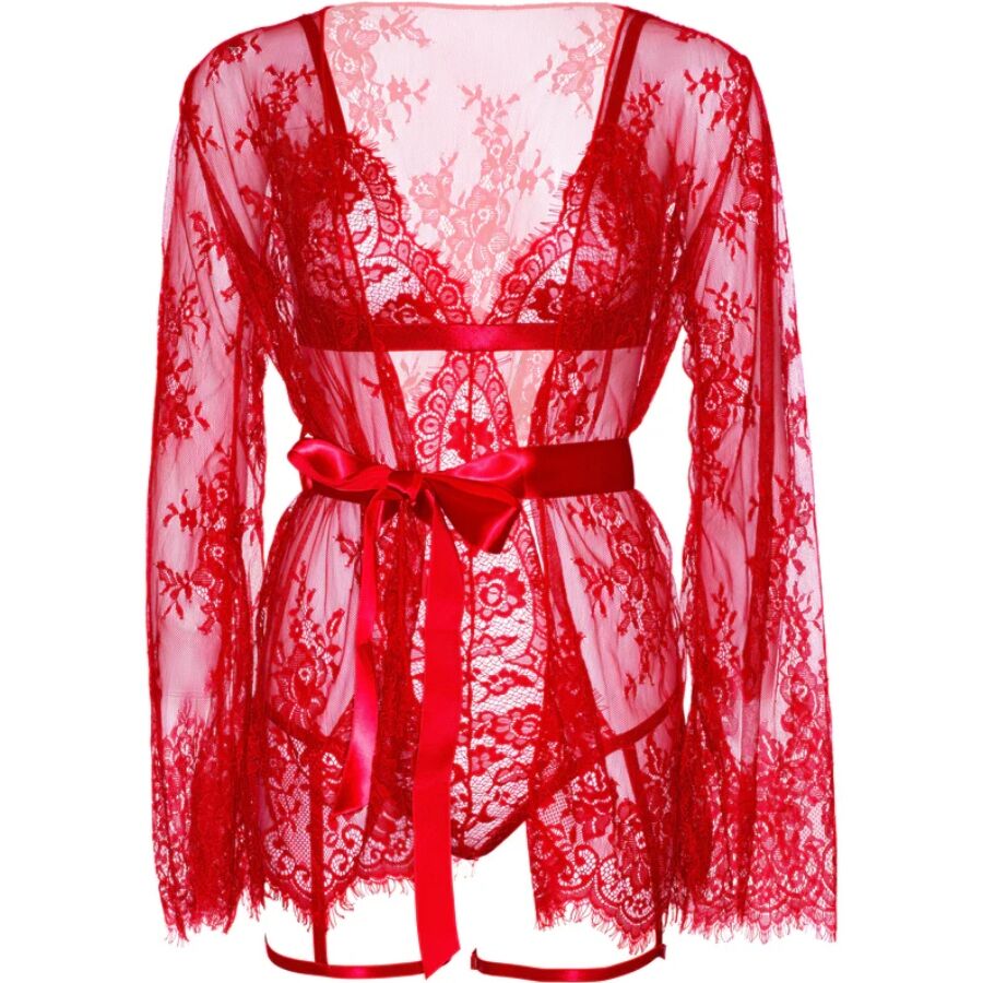 SET LINGERIE ROSSO PASSIONALE, PIZZO ELEGANTE, VESTAGLIA FLUIDA