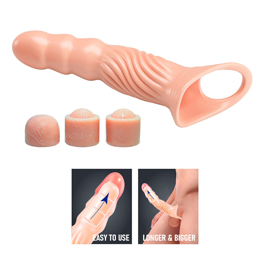 GUAINA ESTENSORE PER PENE TESTURIZZATA, REGOLABILE CON 3 INSERTI, MATERIALE TPE PREMIUM