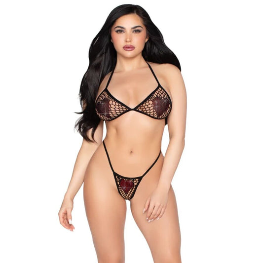LEG AVENUE - 86147 REGGISENO A RETE E PERIZOMA NERO - TAGLIA UNICA
