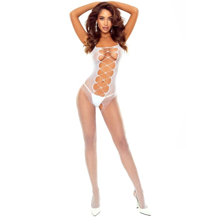 BODYSTOCKING BIANCO CON PIZZO, CROTCHLESS, EFFETTO CALZA INCORPORATO