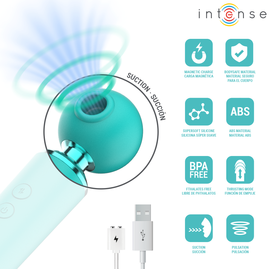 STIMOLATORE ASPIRATORE MULTIFUNZIONE, ASPIRAZIONE E VIBRAZIONE, DESIGN ERGONOMICO TURCHESE