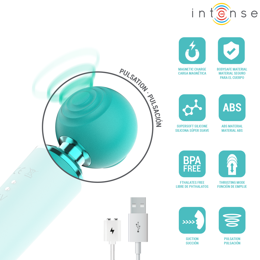 STIMOLATORE ASPIRATORE MULTIFUNZIONE, ASPIRAZIONE E VIBRAZIONE, DESIGN ERGONOMICO TURCHESE
