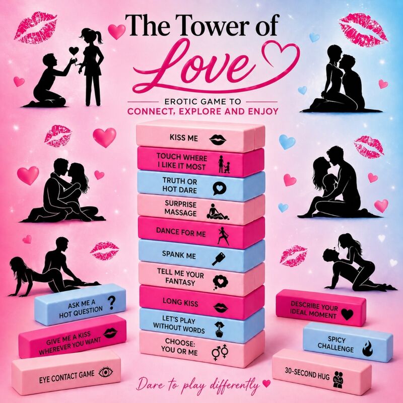 GIOCO DELLA TORRE DELL'AMORE, SFIDE EROTICHE E POSIZIONI KAMASUTRA, SET COMPLETO PER COPPIE