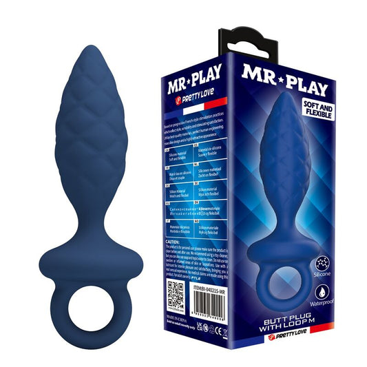 PLUG ANALE TESTURIZZATO, SILICONE PREMIUM, ANELLO BLU M